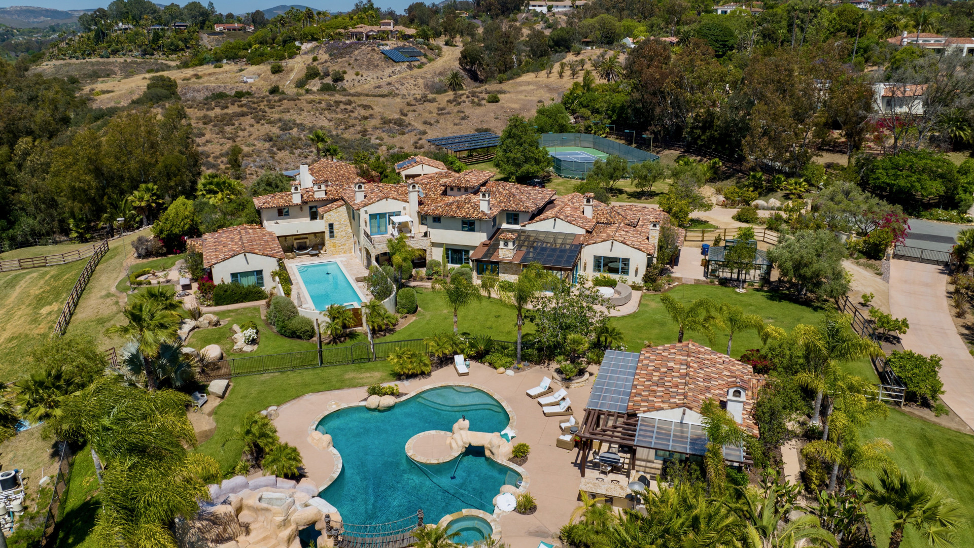 Aerial view of custom Mediterranean estate in Rancho Santa Fe CA