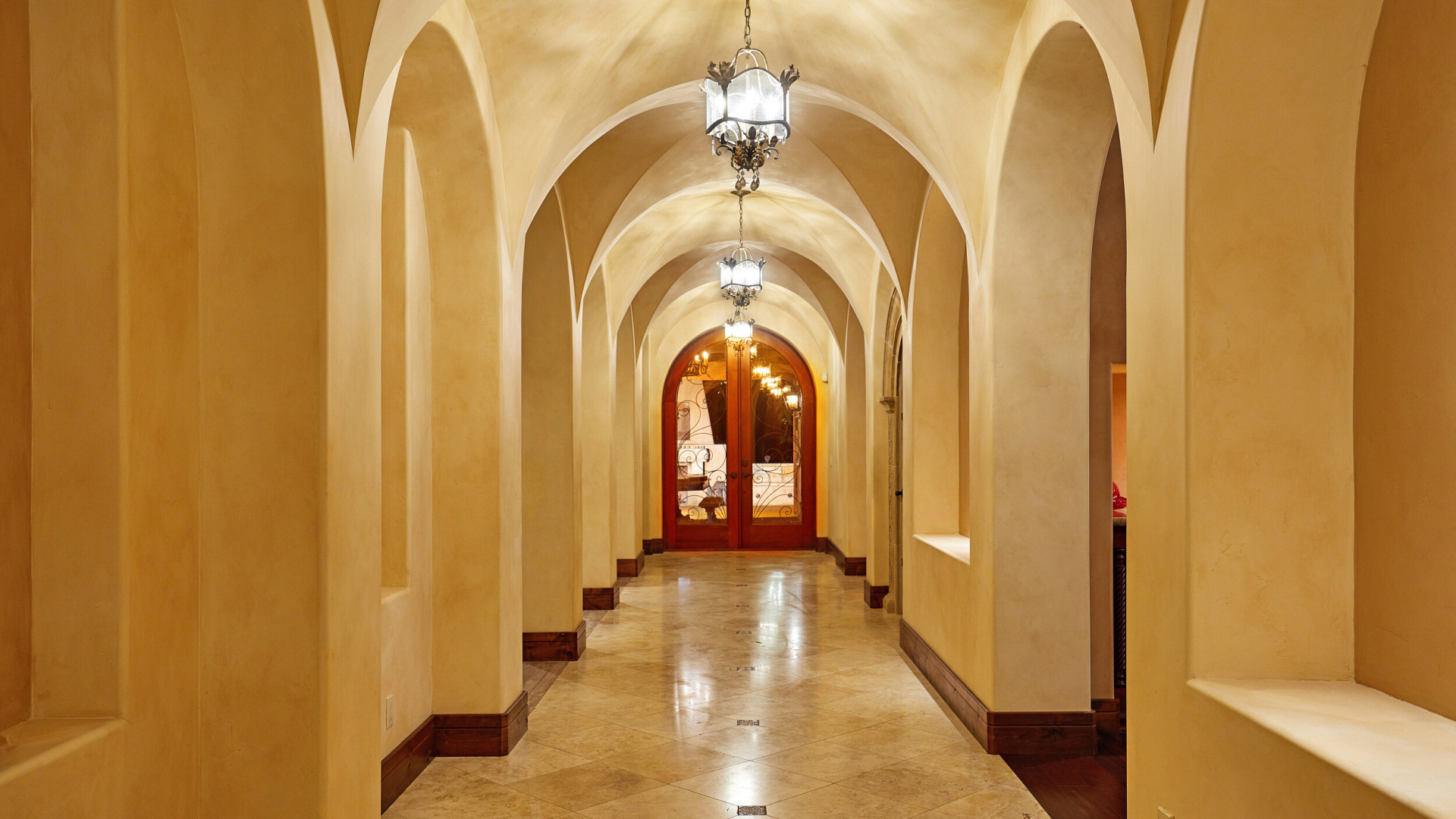 Luxury home boasting a long marble entryway, Rancho Santa Fe CA