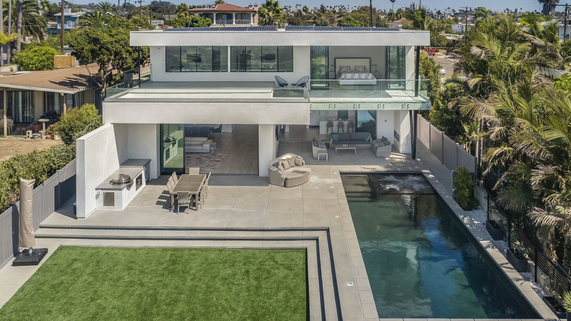 Aerial view of modern luxury home on the ocean in Rancho Santa Fe CA