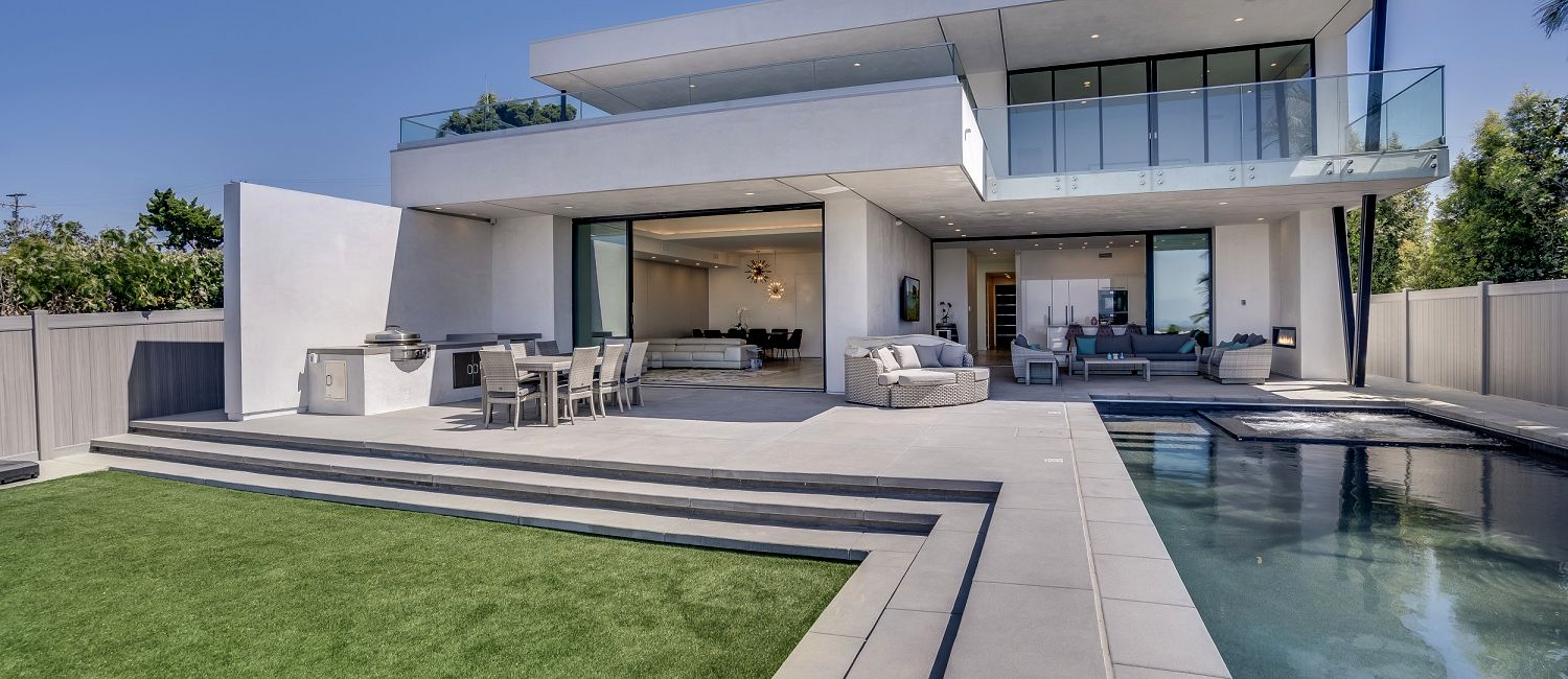 Rear elevation of modern waterfront luxury home, Rancho Santa Fe CA